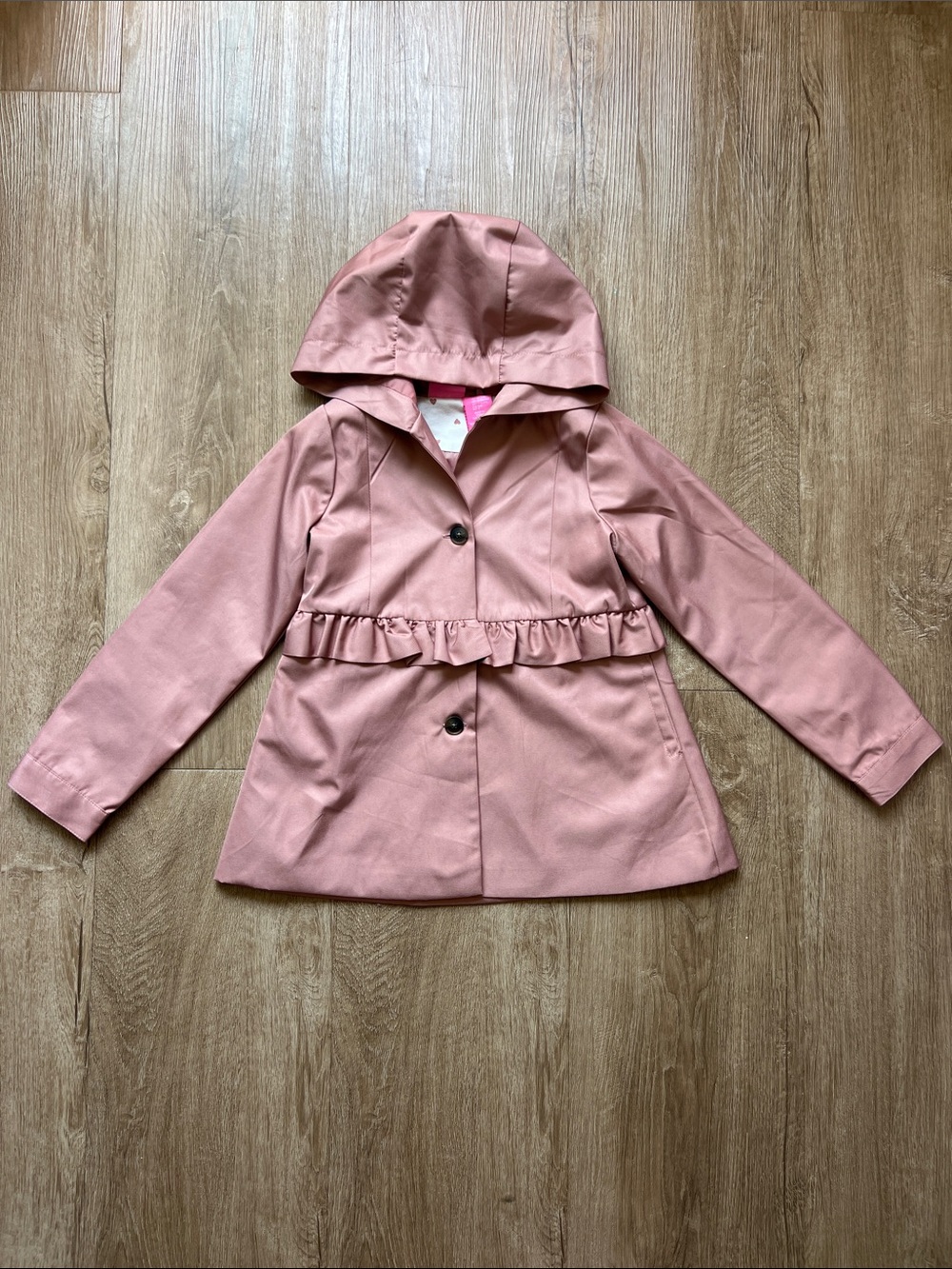 Isaac Mizrahi Girls Pink Hooded Ruffle-Trim Raincoat Size Medium (7/8)